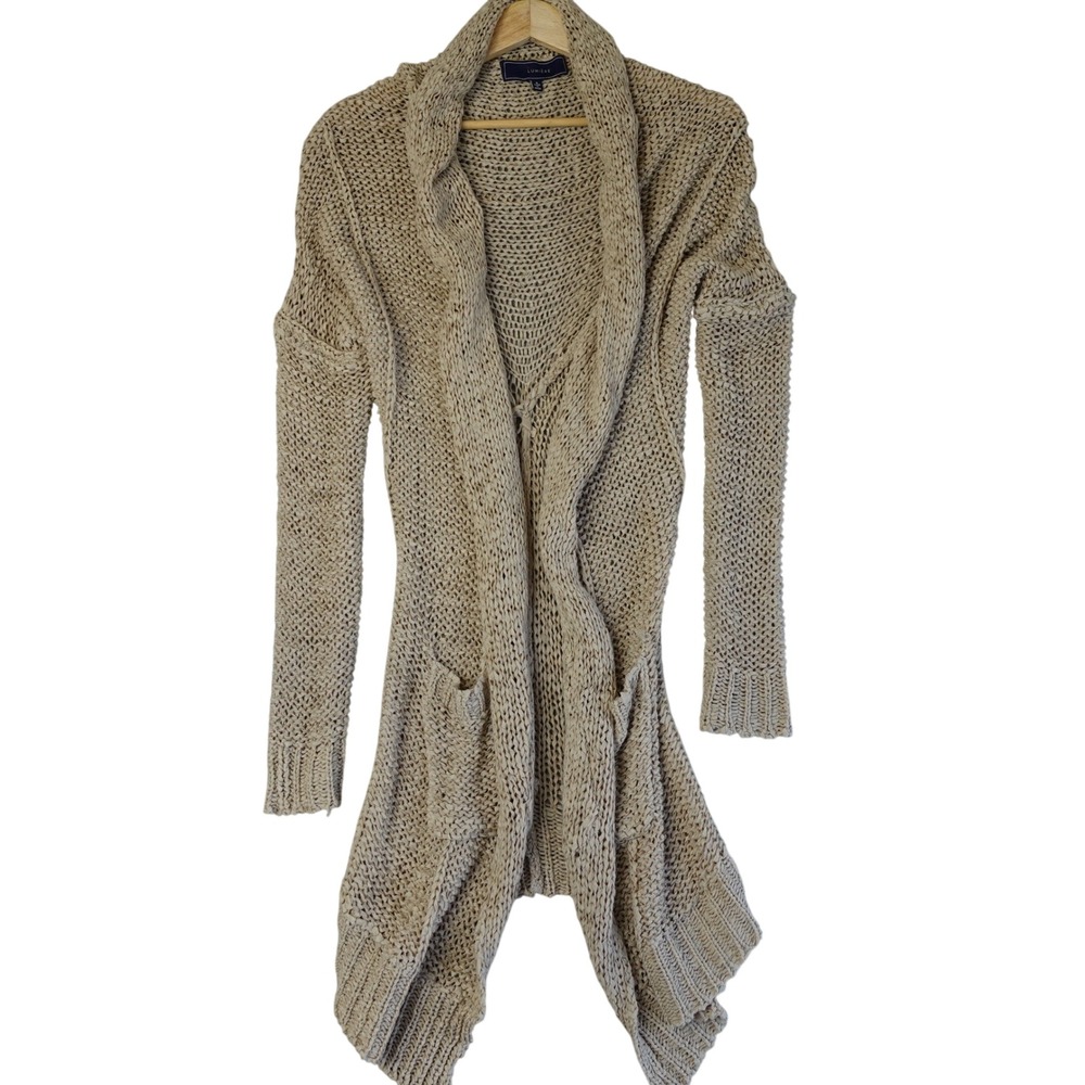 Y2K Lumiere Cardigan Small Tan Open Front Draped Knit Sweater Earthy Fairy Indie